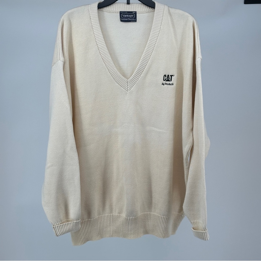 Men’s XL Vintage Ivory Cotton Crewneck Neck‎ Sweater Caterpillar Logo